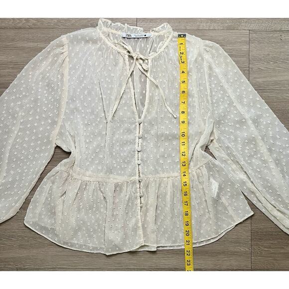 ZARA Woman Sheer Dobby Dot Blouse Long Sleeve Peasant Top Ivory White Size L - Picture 5 of 9